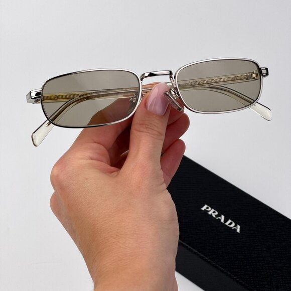 Prada PRB54S Sunglasses – Silver Rectangle Metal Brown Lenses |Model 1BC30P - Picture 1 of 11